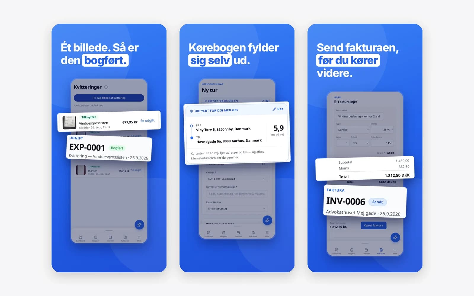 Tre App Store-skærmbilleder af Jobspace-appen: kvitteringer, der bogføres fra et billede, en kørebog, der udfylder sig selv med GPS, og en faktura, der sendes fra telefonen.