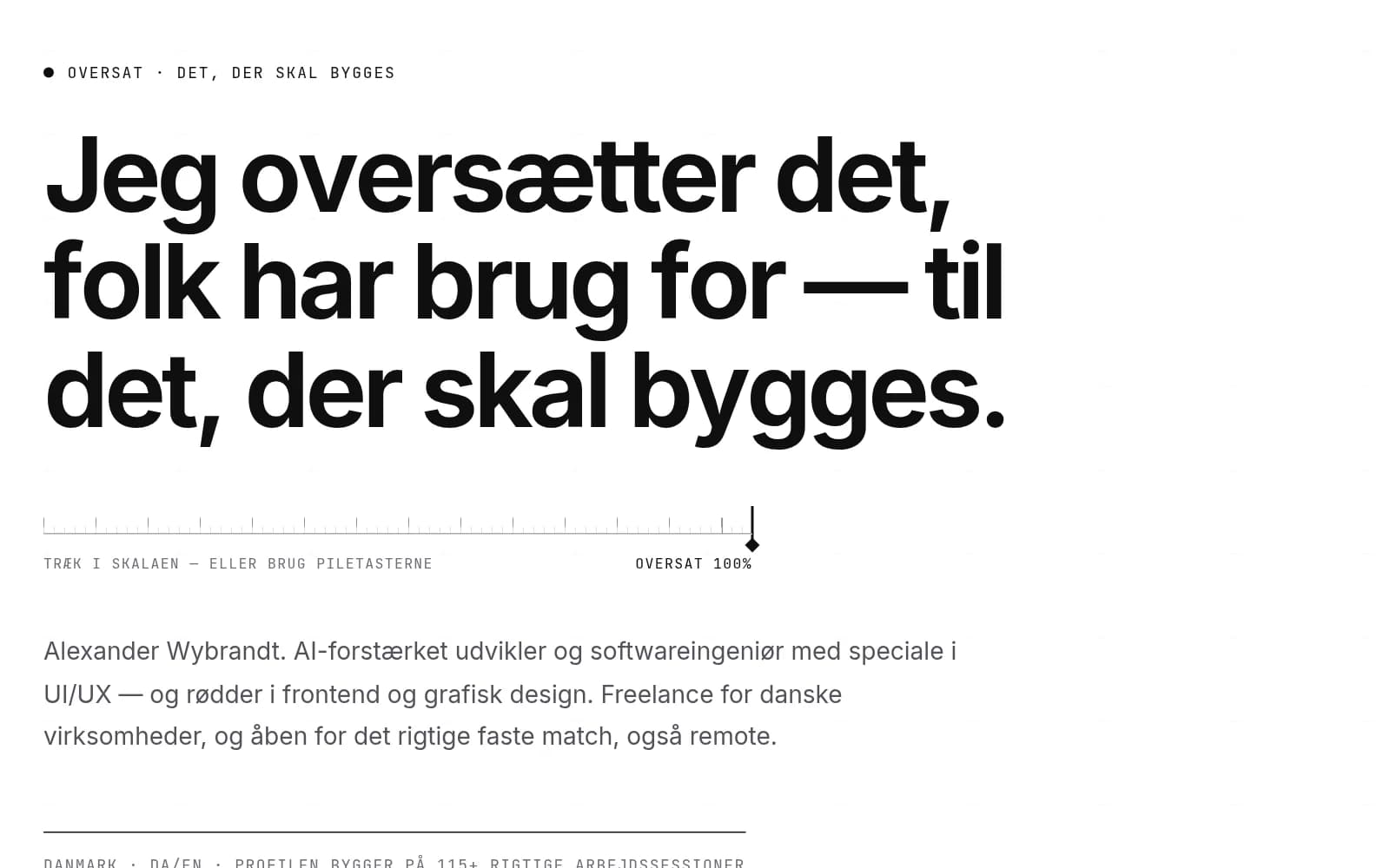 Forsiden af wybrandt.com: overskriften »Jeg oversætter det, folk har brug for — til det, der skal bygges.« over en skala, der viser oversat 100 %.
