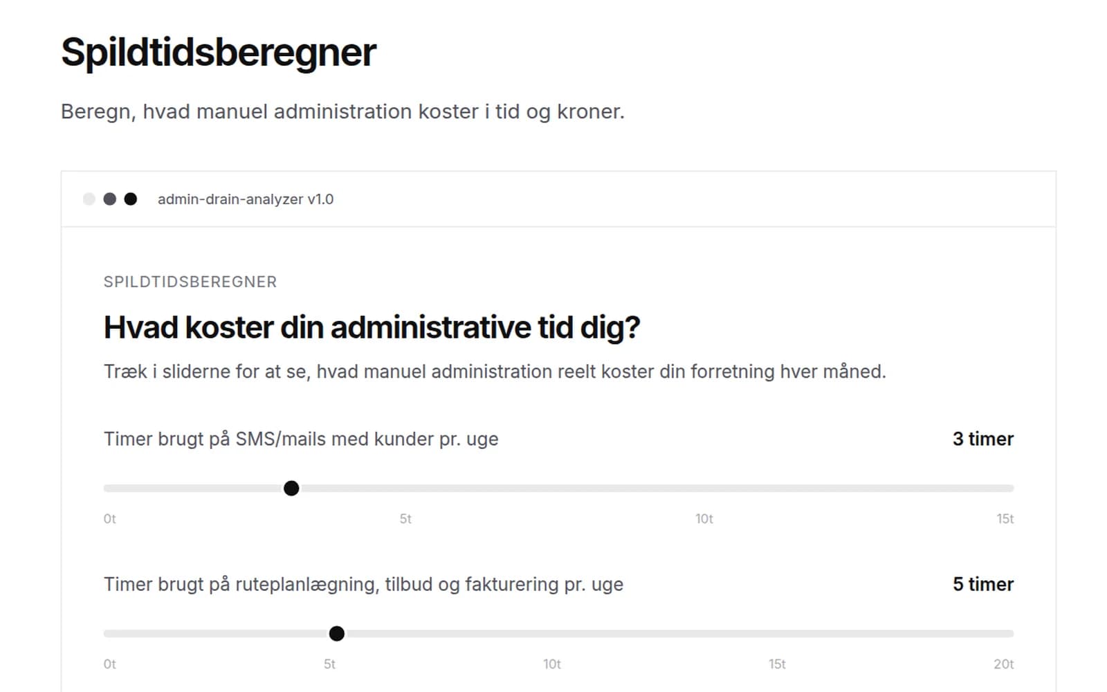 Spildtidsberegneren: skydere for timer brugt på beskeder til kunder og på ruteplanlægning, tilbud og fakturering.